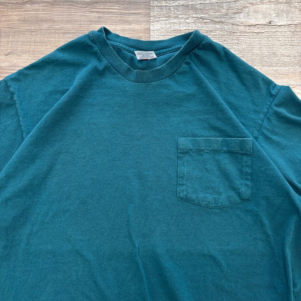 Vintage 90s Hanes Solid Teal Mens Large Athletic Single Stitch Pocket TShirt